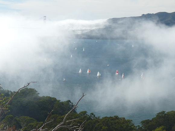 Boats Racing in Fog by Golden Gate Bridge